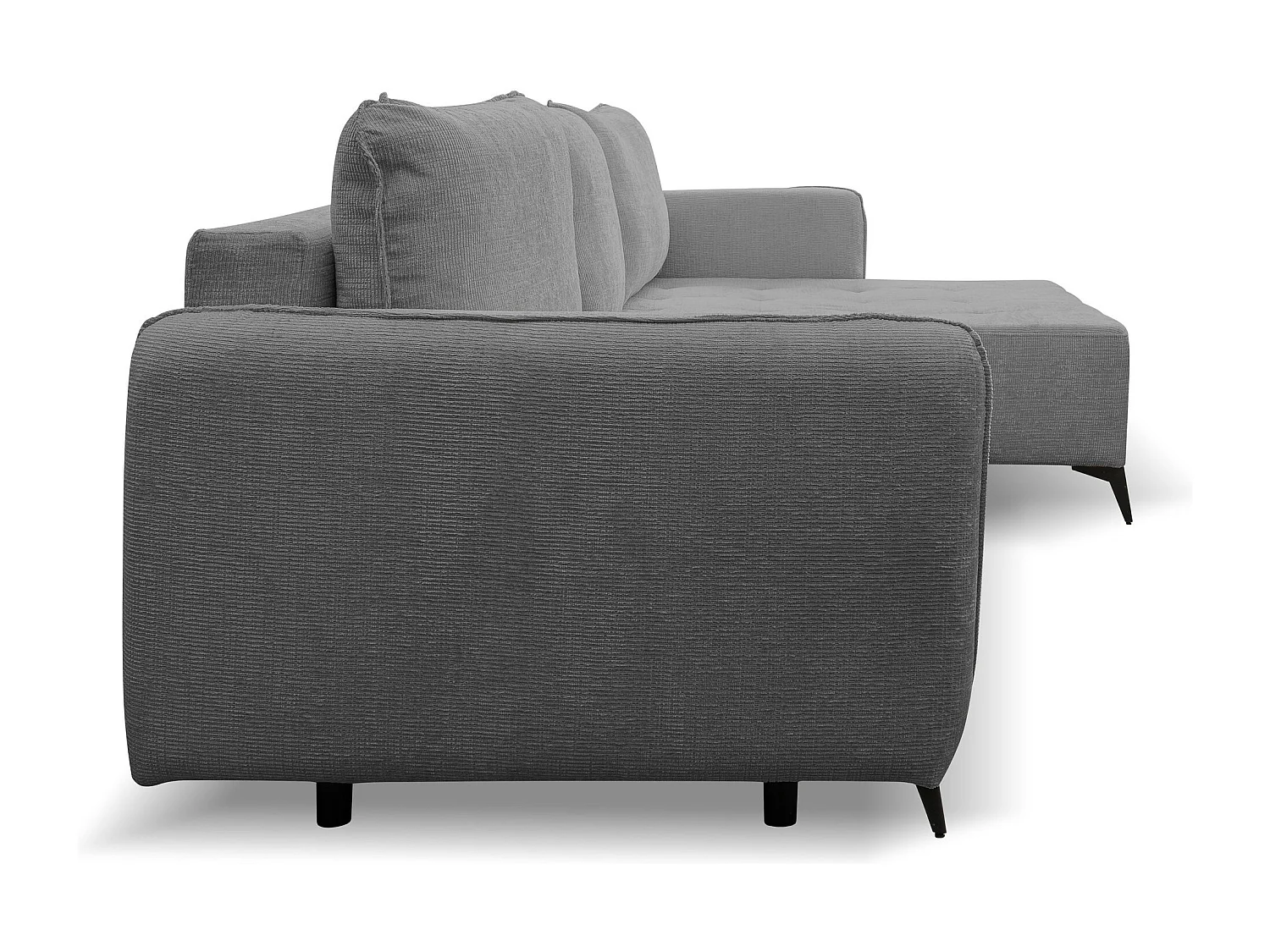 Canapé d'angle Lucky avec fonction couchage et coffre de rangement, couleur : gris foncé, tissu structuré, pouf à gauche ou à droite