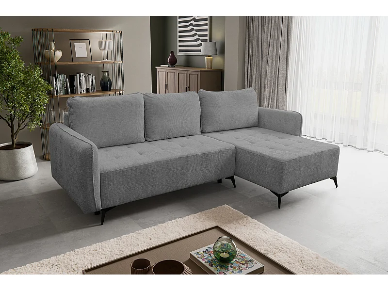 Canapé d'angle Lucky avec fonction couchage et coffre de rangement, couleur : gris foncé, tissu structuré, pouf à gauche ou à droite
