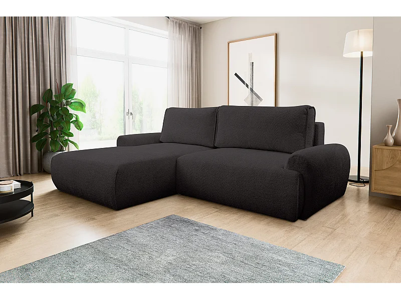 Canapé d'angle Moon avec fonction couchage et coffre de rangement, couleur : noir, tissu bouclé, pouf à gauche