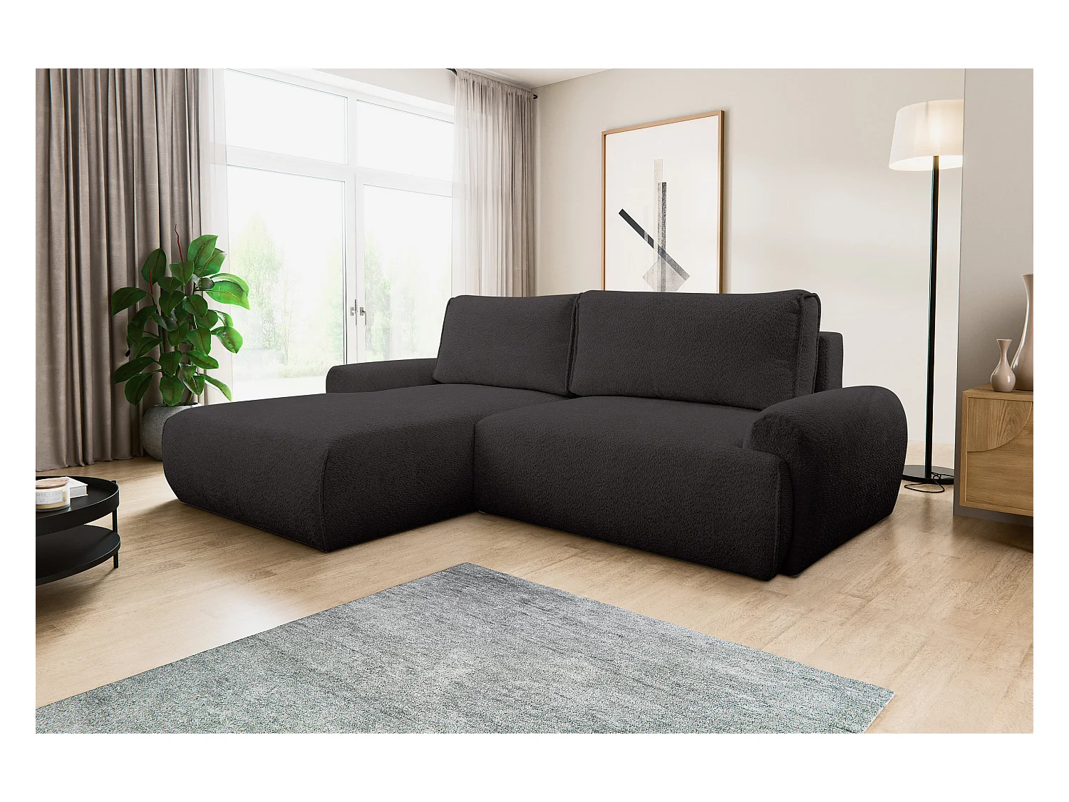 Canapé d'angle Moon avec fonction couchage et coffre de rangement, couleur : noir, tissu bouclé, pouf à gauche