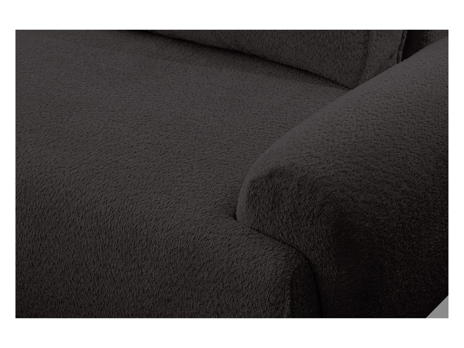 Canapé d'angle Moon avec fonction couchage et coffre de rangement, couleur : noir, tissu bouclé, pouf à gauche