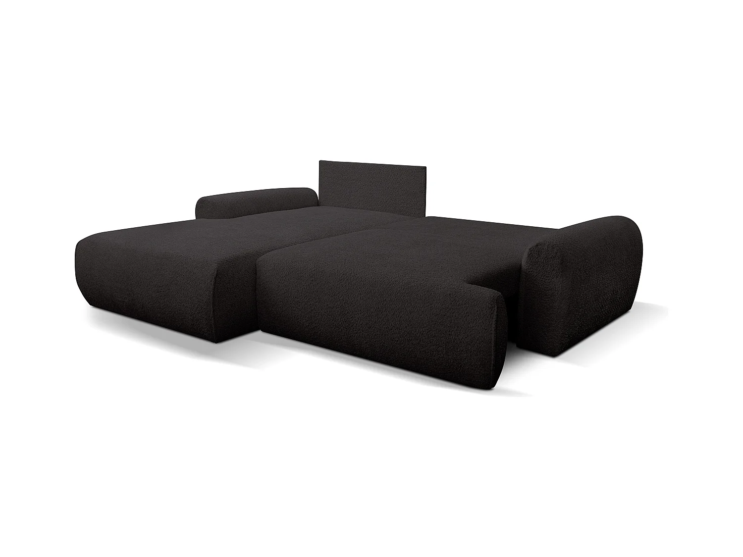 Canapé d'angle Moon avec fonction couchage et coffre de rangement, couleur : noir, tissu bouclé, pouf à gauche