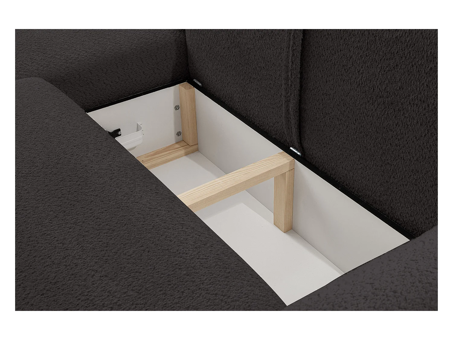 Canapé d'angle Moon avec fonction couchage et coffre de rangement, couleur : noir, tissu bouclé, pouf à gauche