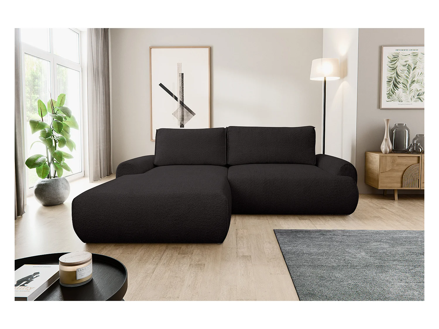 Canapé d'angle Moon avec fonction couchage et coffre de rangement, couleur : noir, tissu bouclé, pouf à gauche