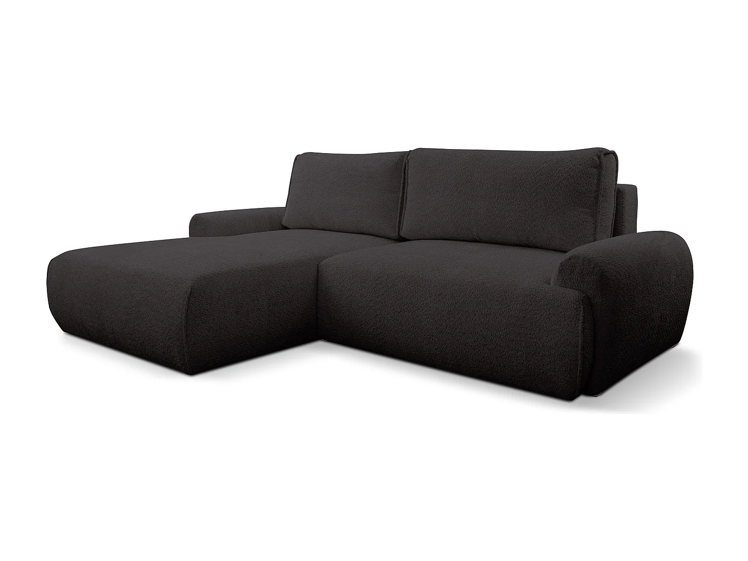 Canapé d'angle Moon avec fonction couchage et coffre de rangement, couleur : noir, tissu bouclé, pouf à gauche