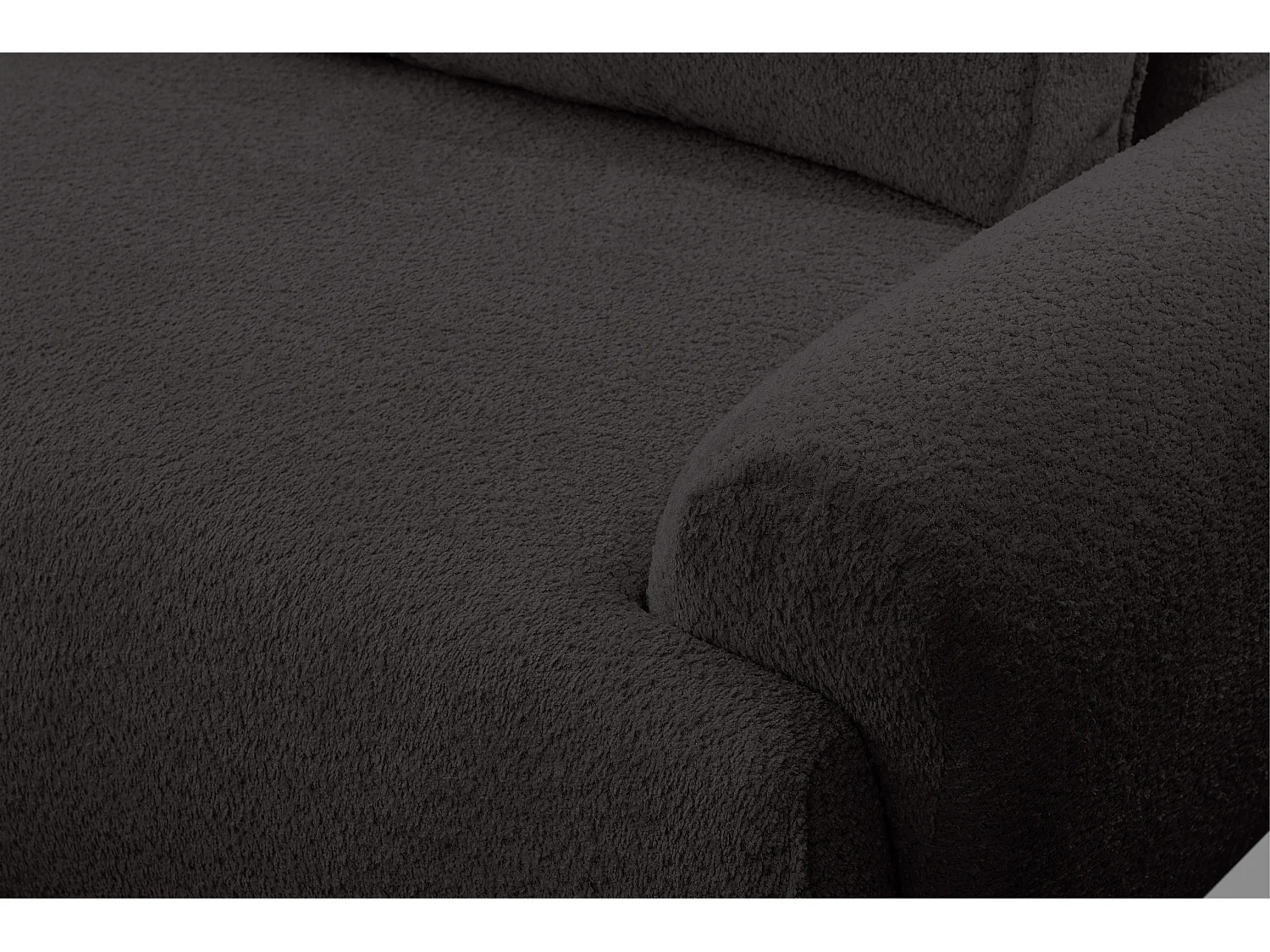 Canapé d'angle Moon avec fonction couchage et coffre de rangement, couleur : noir, tissu bouclé, pouf à gauche