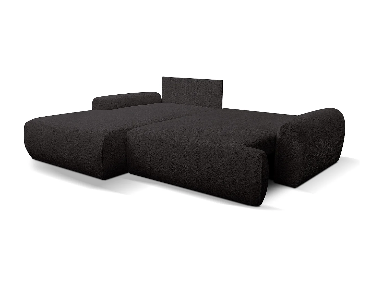 Canapé d'angle Moon avec fonction couchage et coffre de rangement, couleur : noir, tissu bouclé, pouf à gauche