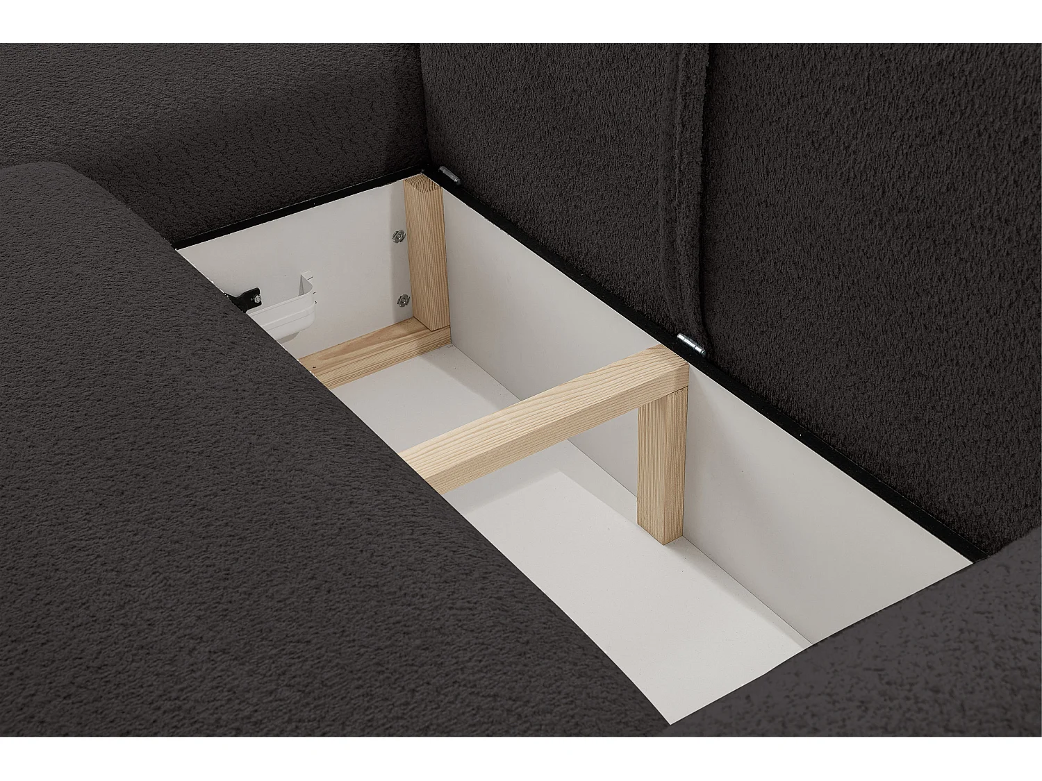 Canapé d'angle Moon avec fonction couchage et coffre de rangement, couleur : noir, tissu bouclé, pouf à gauche