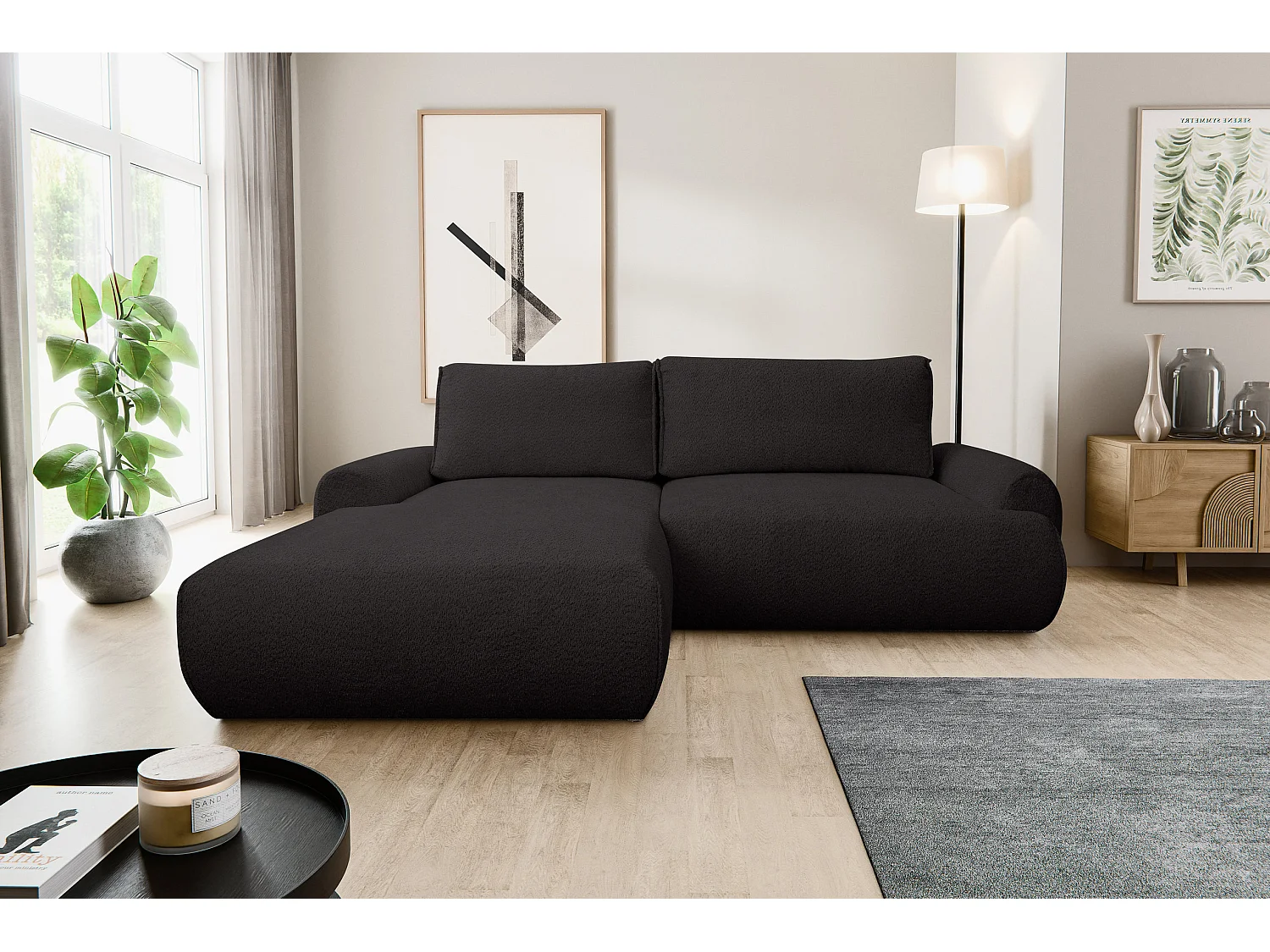 Canapé d'angle Moon avec fonction couchage et coffre de rangement, couleur : noir, tissu bouclé, pouf à gauche