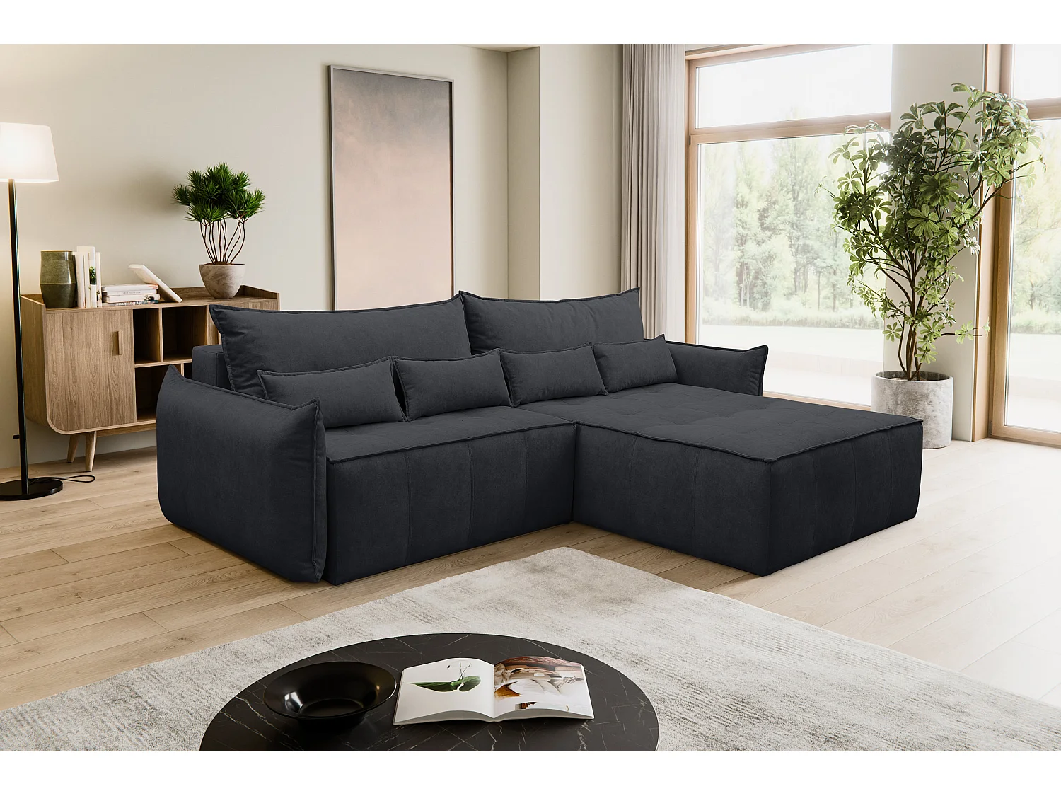 Canapé d'angle Empoli avec fonction couchage et coffre de rangement, couleur : gris foncé, tissu velours, pouf à droite