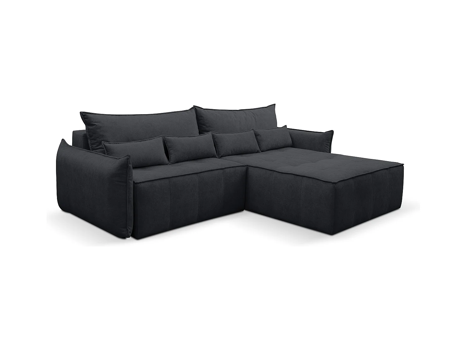 Canapé d'angle Empoli avec fonction couchage et coffre de rangement, couleur : gris foncé, tissu velours, pouf à droite