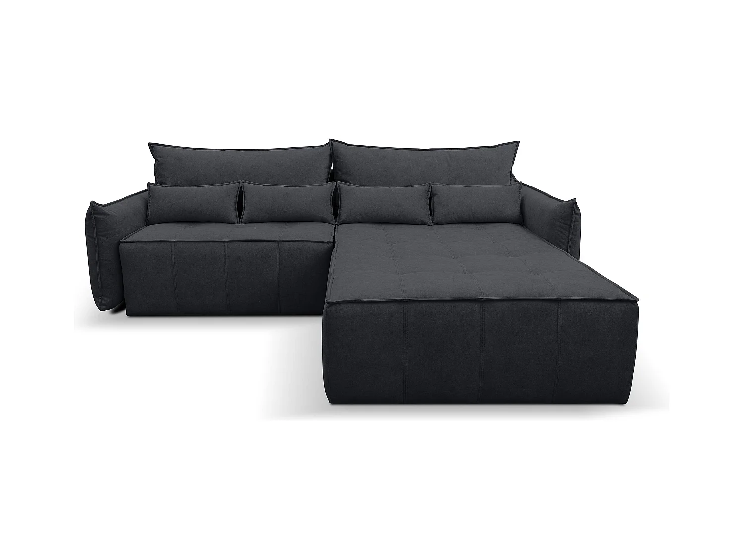 Canapé d'angle Empoli avec fonction couchage et coffre de rangement, couleur : gris foncé, tissu velours, pouf à droite