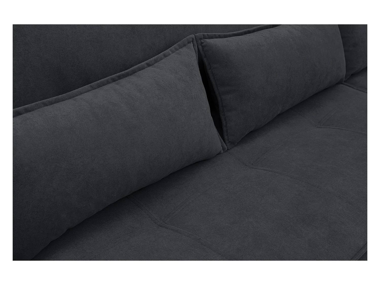 Canapé d'angle Empoli avec fonction couchage et coffre de rangement, couleur : gris foncé, tissu velours, pouf à droite