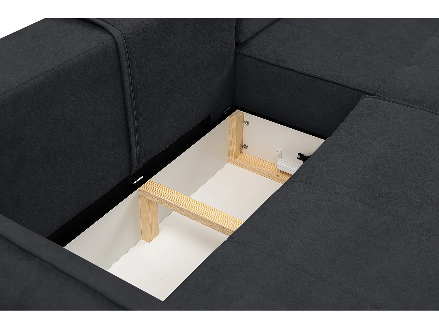 Canapé d'angle Empoli avec fonction couchage et coffre de rangement, couleur : gris foncé, tissu velours, pouf à droite