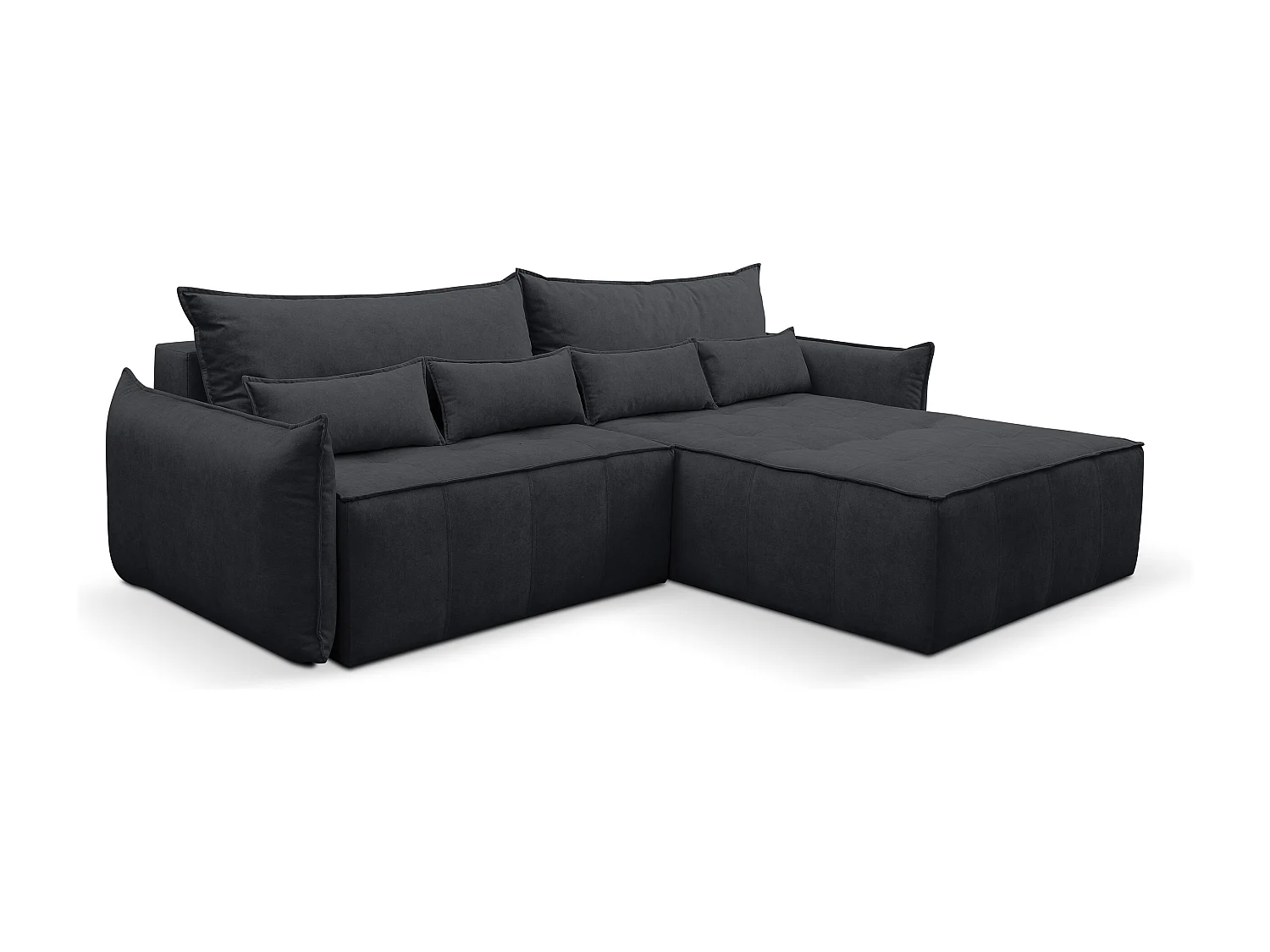 Canapé d'angle Empoli avec fonction couchage et coffre de rangement, couleur : gris foncé, tissu velours, pouf à droite