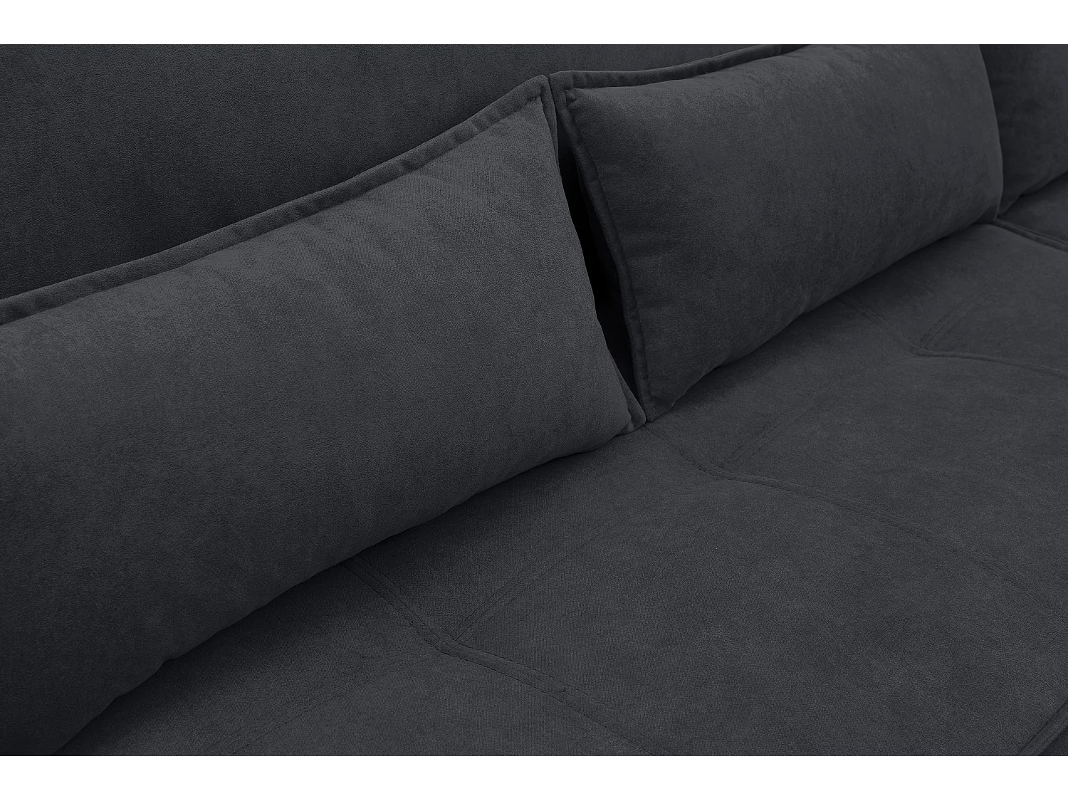 Canapé d'angle Empoli avec fonction couchage et coffre de rangement, couleur : gris foncé, tissu velours, pouf à droite