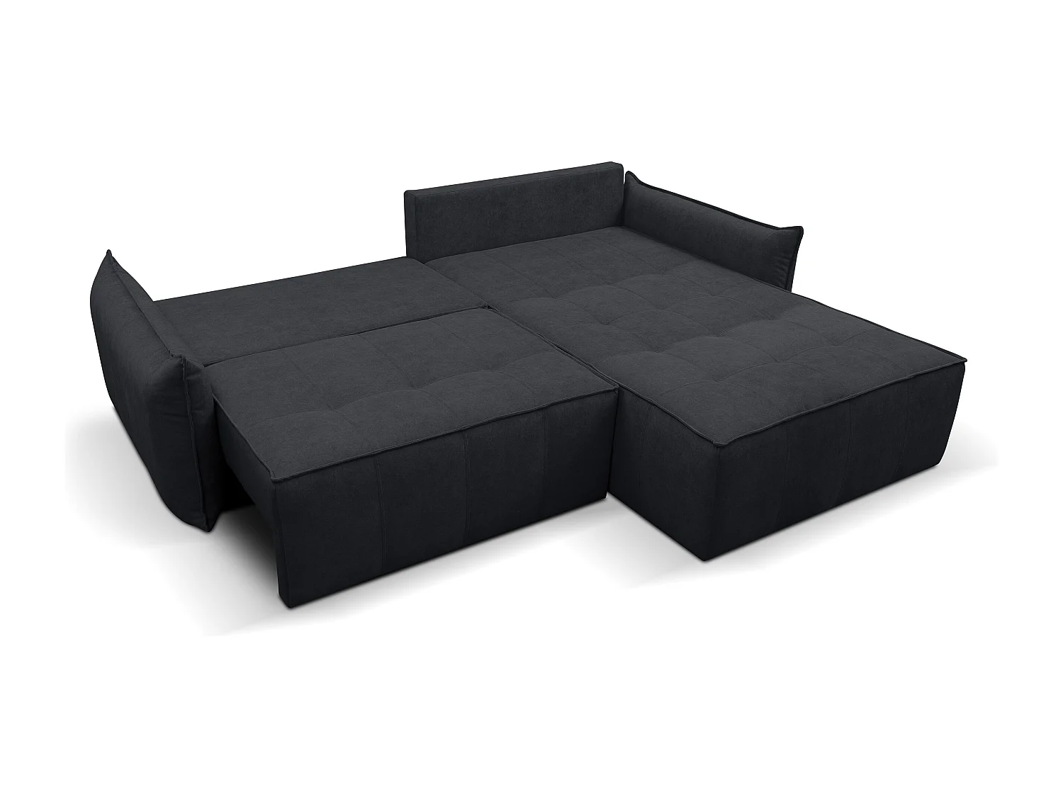 Canapé d'angle Empoli avec fonction couchage et coffre de rangement, couleur : gris foncé, tissu velours, pouf à droite