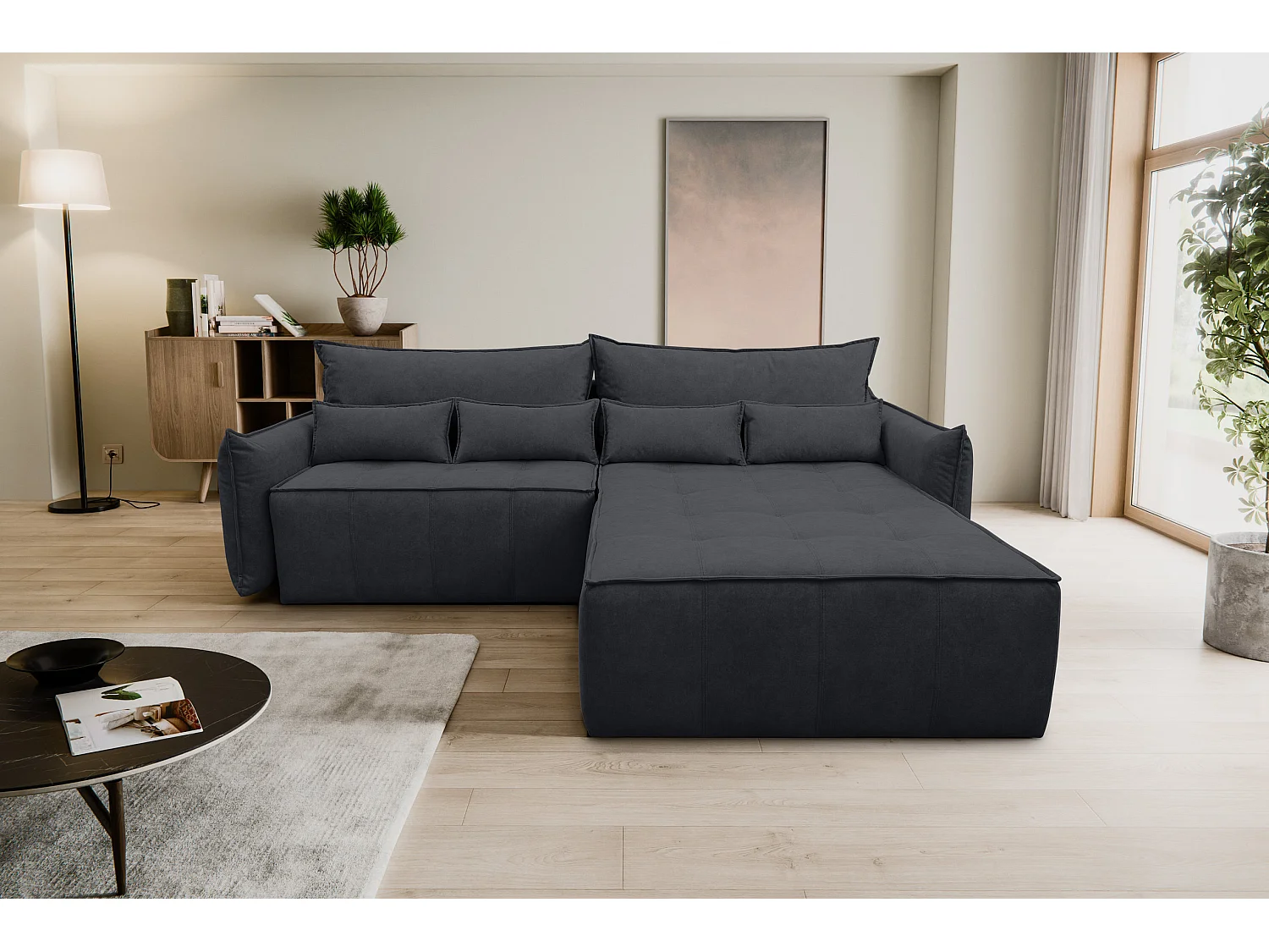 Canapé d'angle Empoli avec fonction couchage et coffre de rangement, couleur : gris foncé, tissu velours, pouf à droite