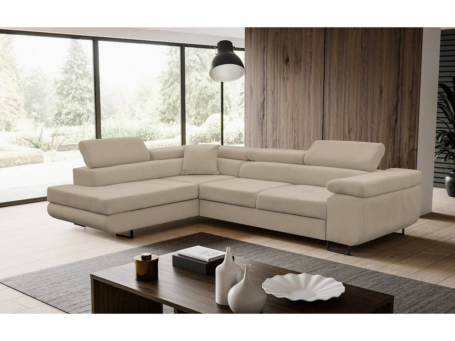 Canapé d'angle Jerry avec fonction couchage et coffre de rangement, couleur : beige, tissu velours, pouf à gauche