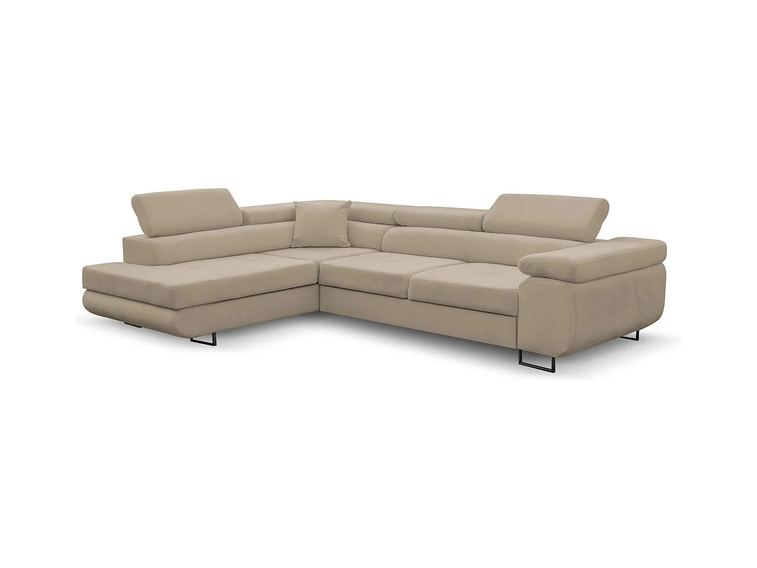 Canapé d'angle Jerry avec fonction couchage et coffre de rangement, couleur : beige, tissu velours, pouf à gauche