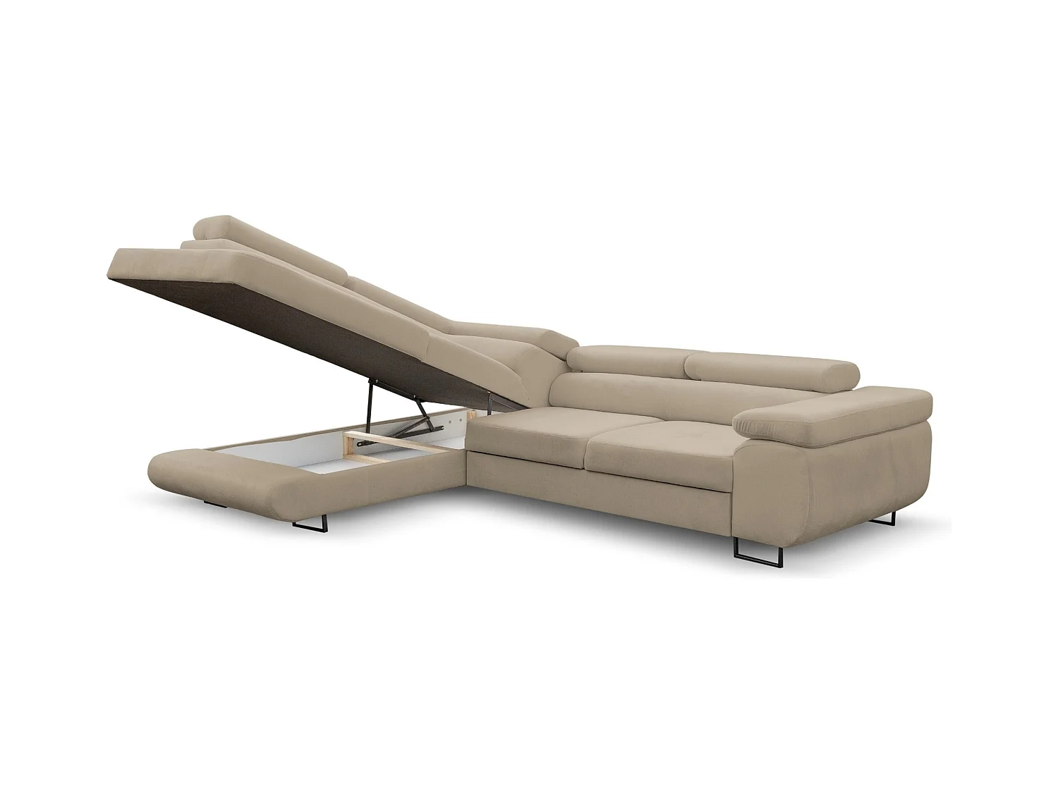 Canapé d'angle Jerry avec fonction couchage et coffre de rangement, couleur : beige, tissu velours, pouf à gauche