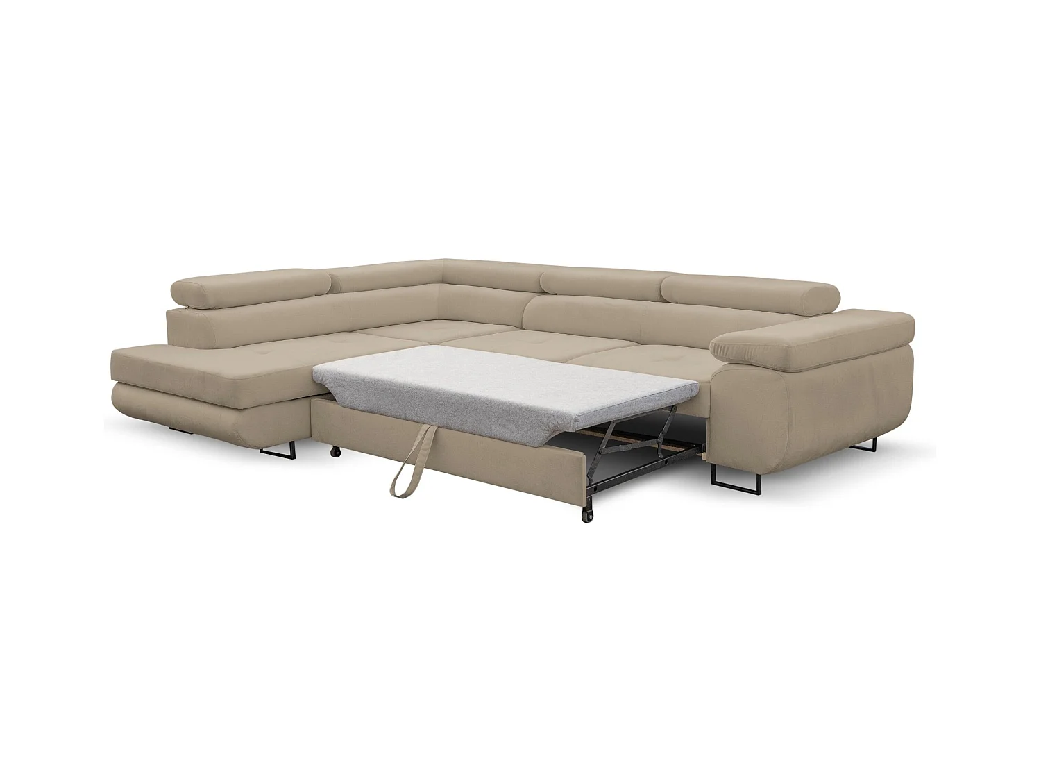 Canapé d'angle Jerry avec fonction couchage et coffre de rangement, couleur : beige, tissu velours, pouf à gauche