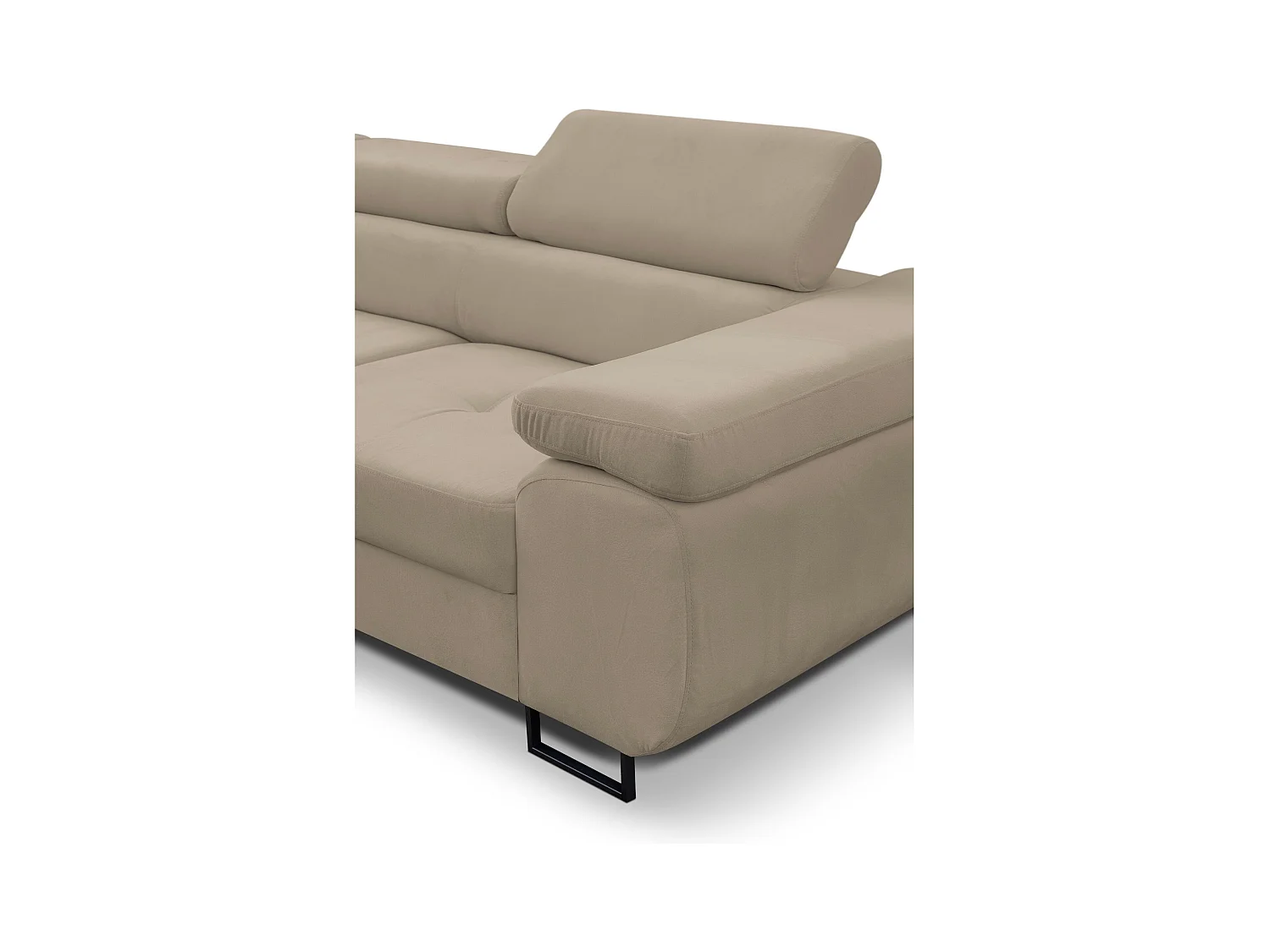 Canapé d'angle Jerry avec fonction couchage et coffre de rangement, couleur : beige, tissu velours, pouf à gauche