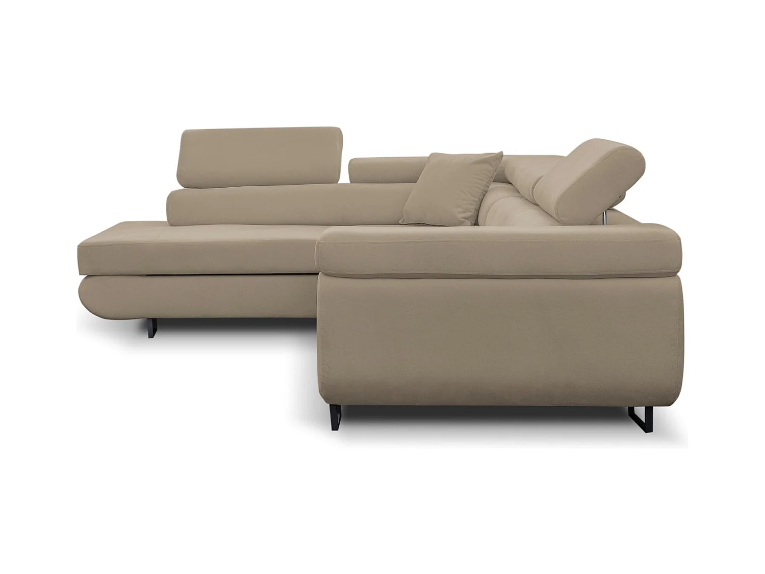 Canapé d'angle Jerry avec fonction couchage et coffre de rangement, couleur : beige, tissu velours, pouf à gauche