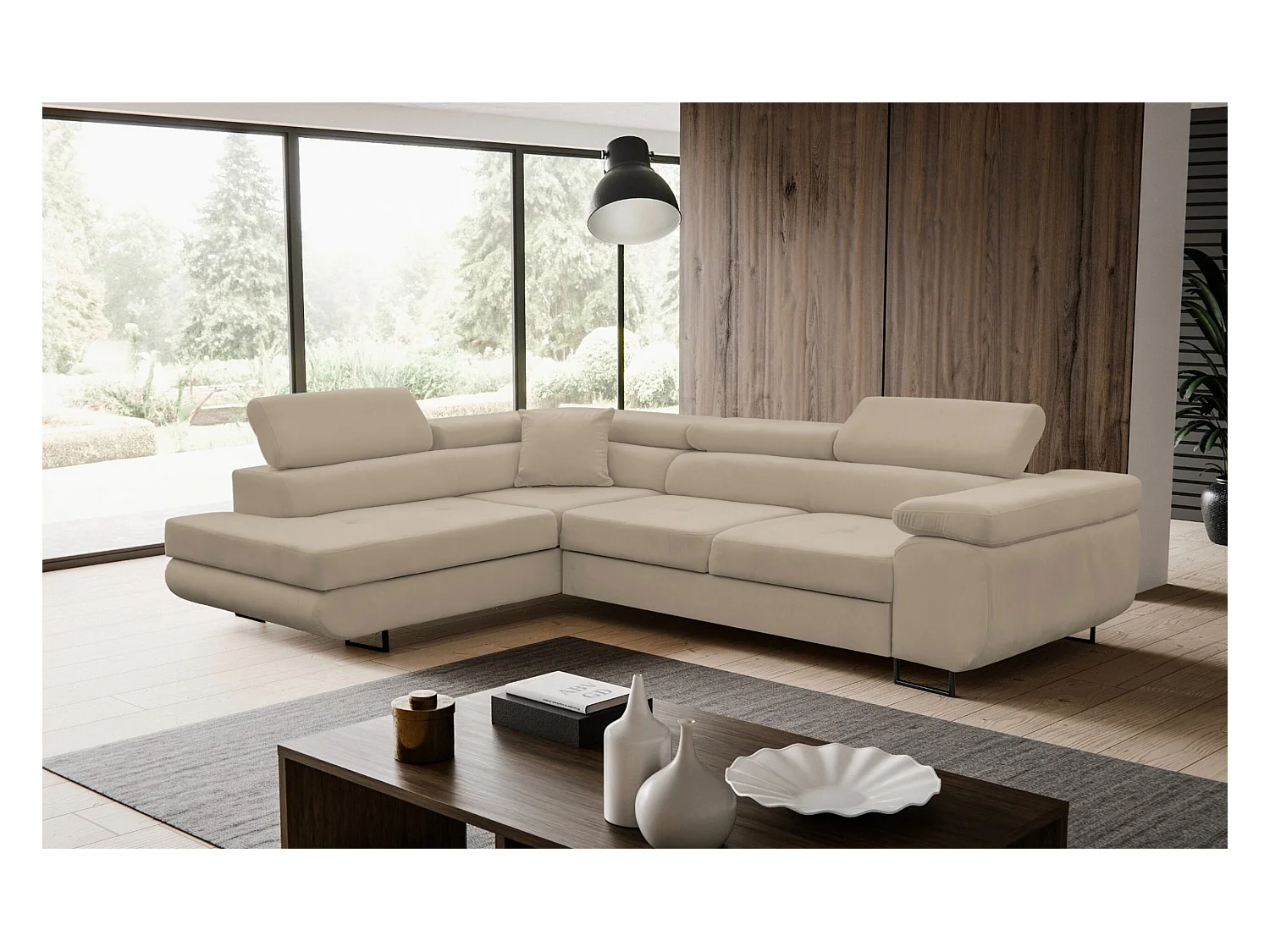 Canapé d'angle Jerry avec fonction couchage et coffre de rangement, couleur : beige, tissu velours, pouf à gauche