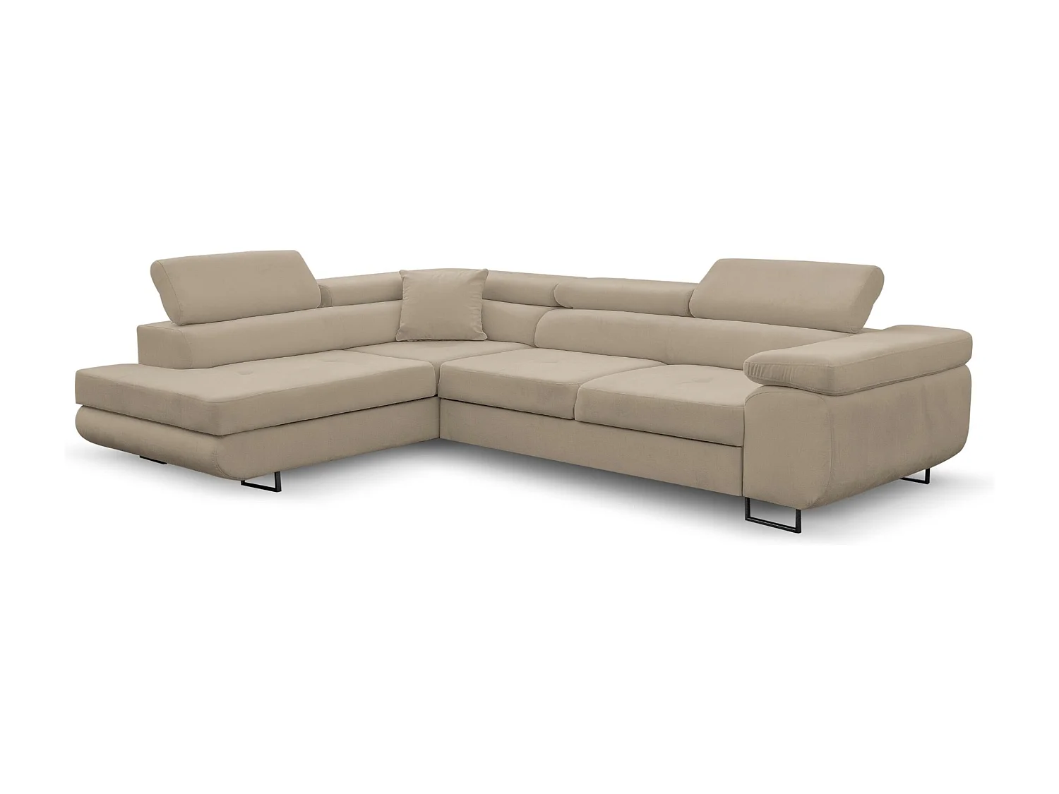 Canapé d'angle Jerry avec fonction couchage et coffre de rangement, couleur : beige, tissu velours, pouf à gauche