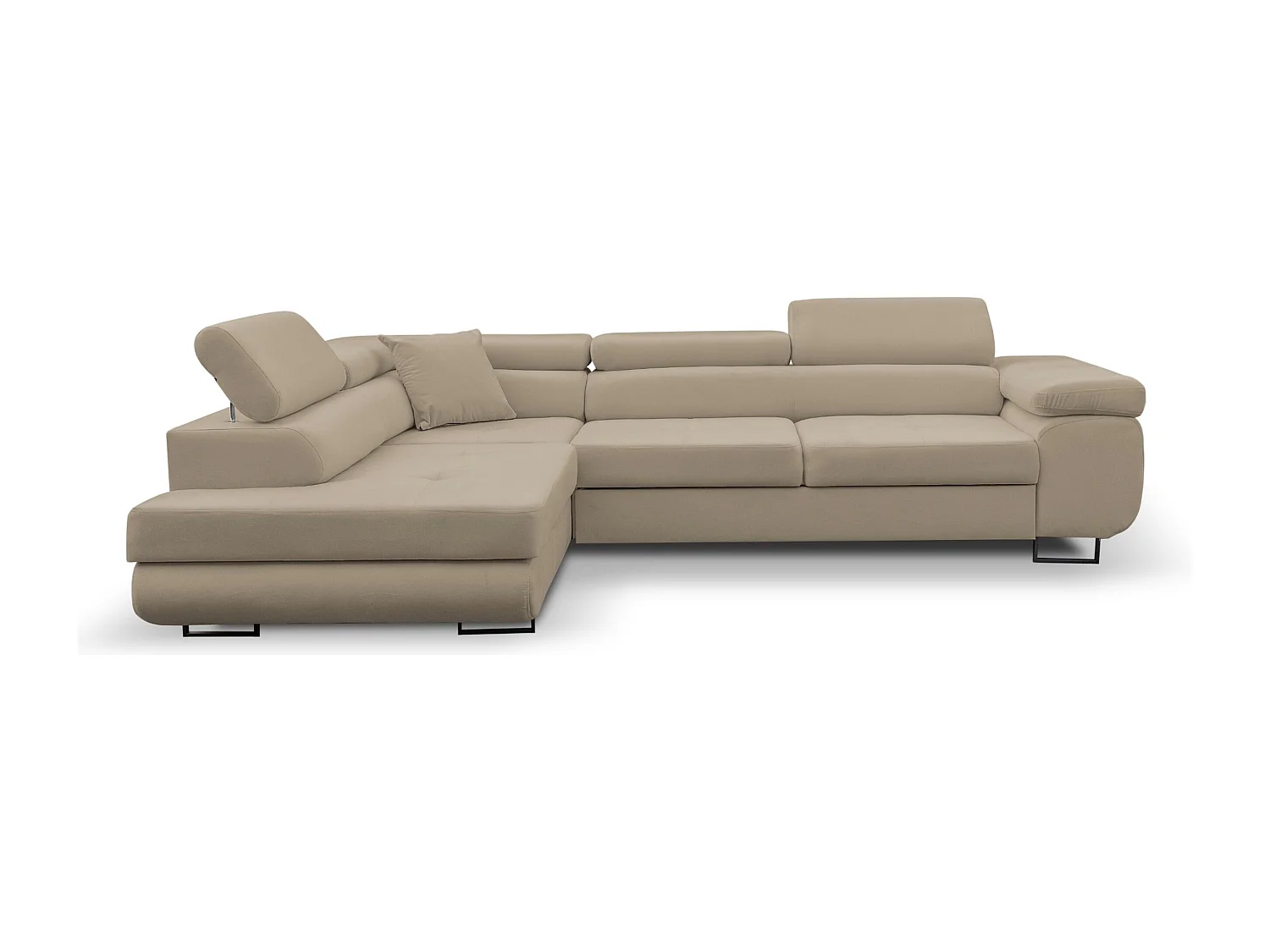 Canapé d'angle Jerry avec fonction couchage et coffre de rangement, couleur : beige, tissu velours, pouf à gauche