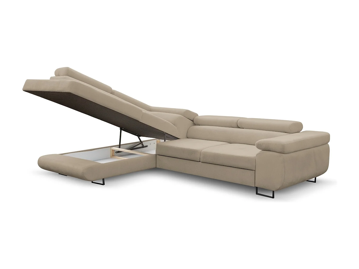 Canapé d'angle Jerry avec fonction couchage et coffre de rangement, couleur : beige, tissu velours, pouf à gauche