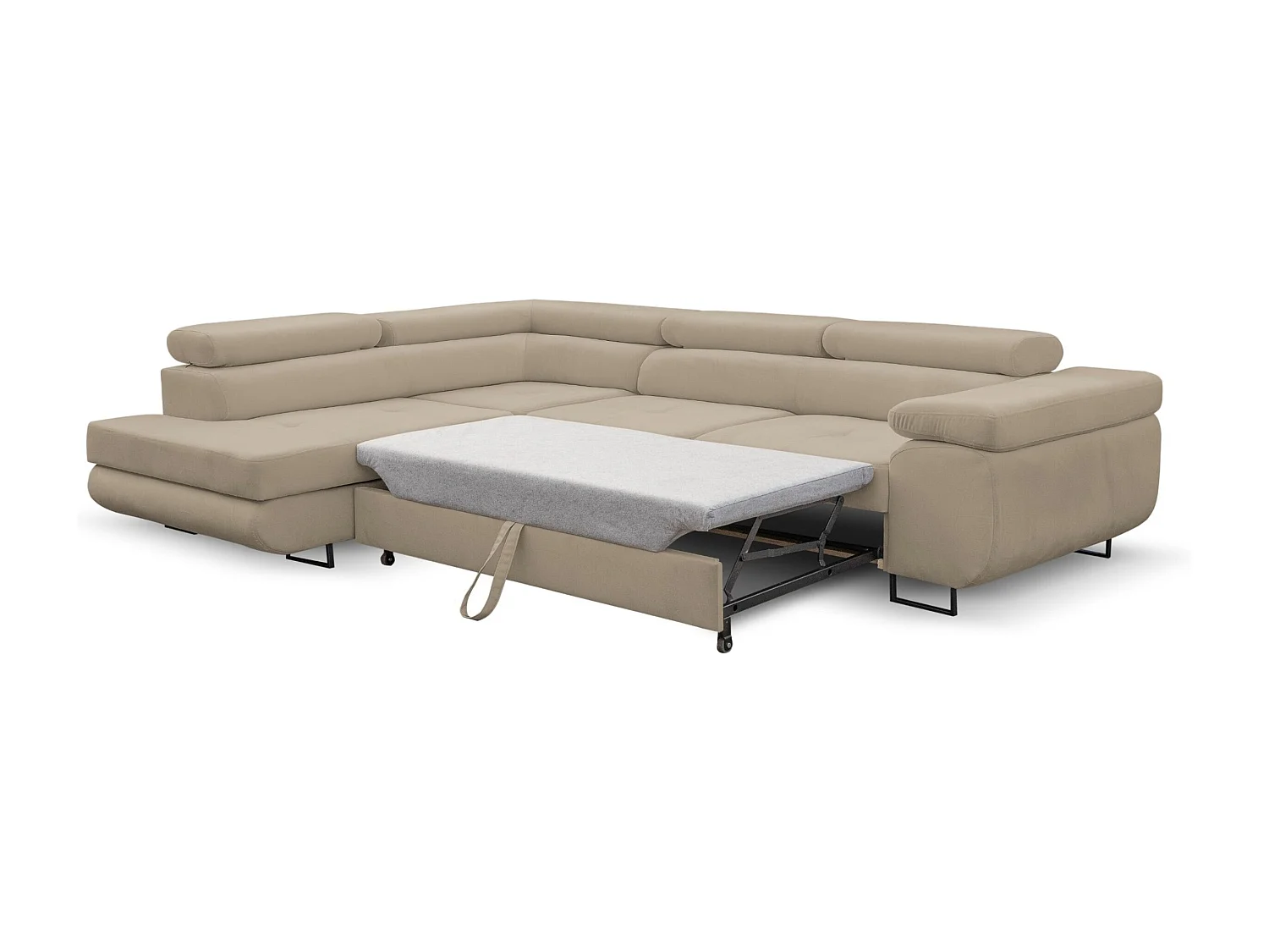 Canapé d'angle Jerry avec fonction couchage et coffre de rangement, couleur : beige, tissu velours, pouf à gauche