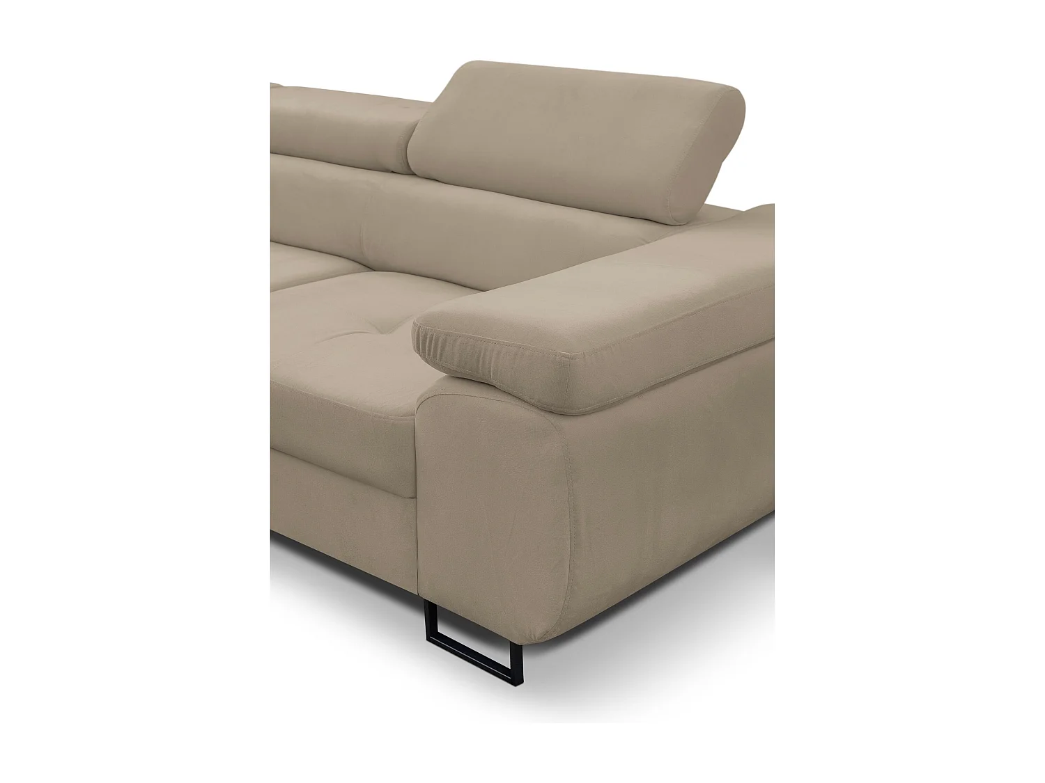 Canapé d'angle Jerry avec fonction couchage et coffre de rangement, couleur : beige, tissu velours, pouf à gauche