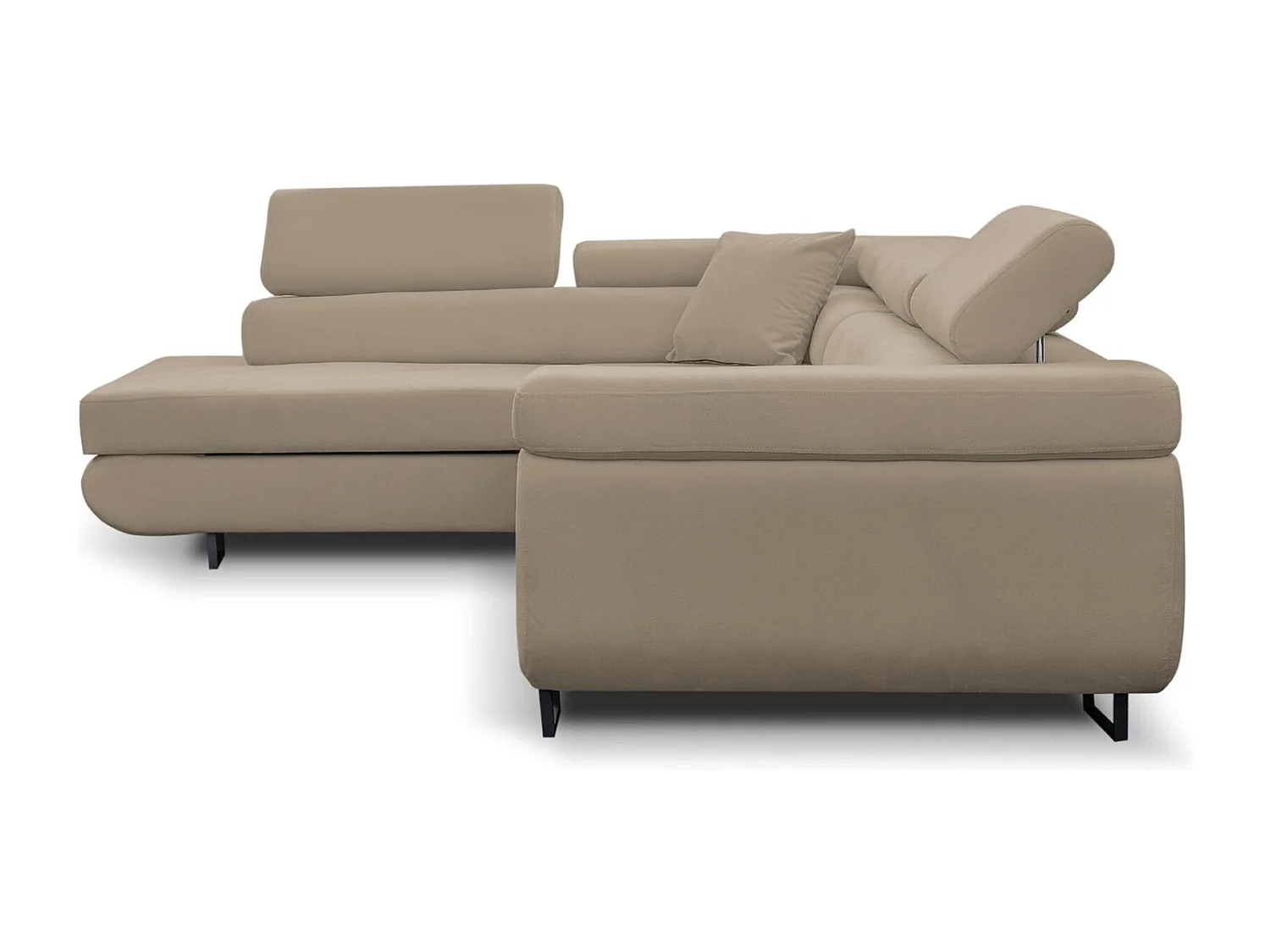 Canapé d'angle Jerry avec fonction couchage et coffre de rangement, couleur : beige, tissu velours, pouf à gauche