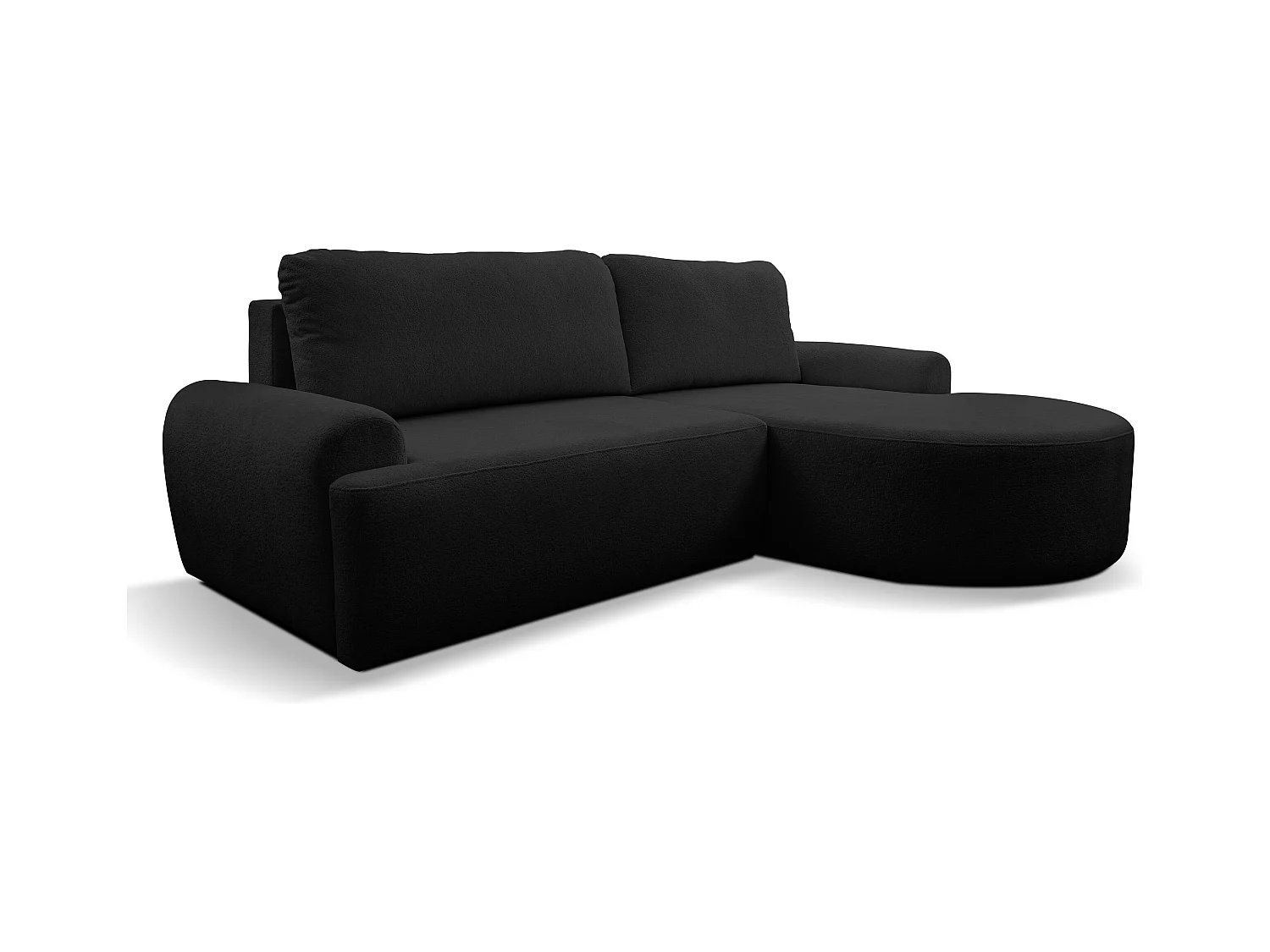 Canapé d'angle Dream avec fonction couchage et coffre de rangement, couleur : noir, tissu bouclé, pouf à droite