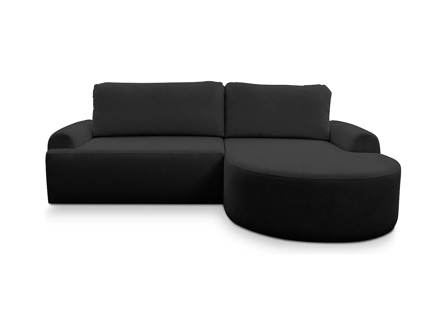 Canapé d'angle Dream avec fonction couchage et coffre de rangement, couleur : noir, tissu bouclé, pouf à droite