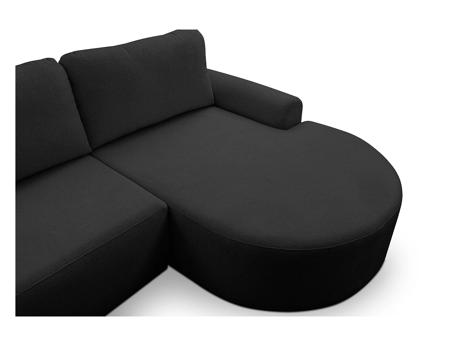 Canapé d'angle Dream avec fonction couchage et coffre de rangement, couleur : noir, tissu bouclé, pouf à droite