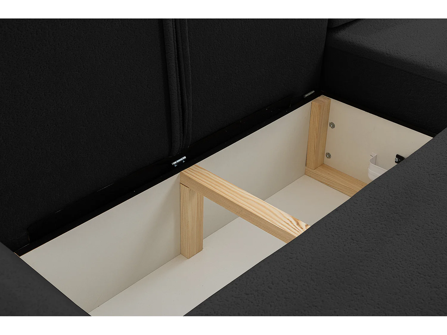 Canapé d'angle Dream avec fonction couchage et coffre de rangement, couleur : noir, tissu bouclé, pouf à droite