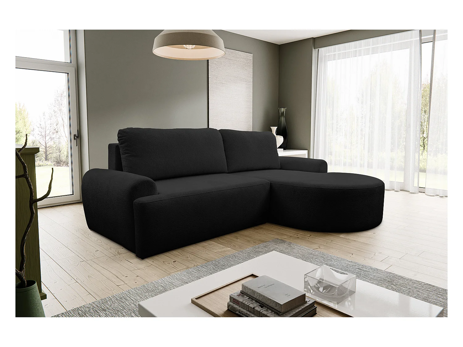Hoekbank Dream, hoekbank in L-vorm met slaapfunctie en bedbak, kleur: zwart, bouclé-stof, ottomane rechts