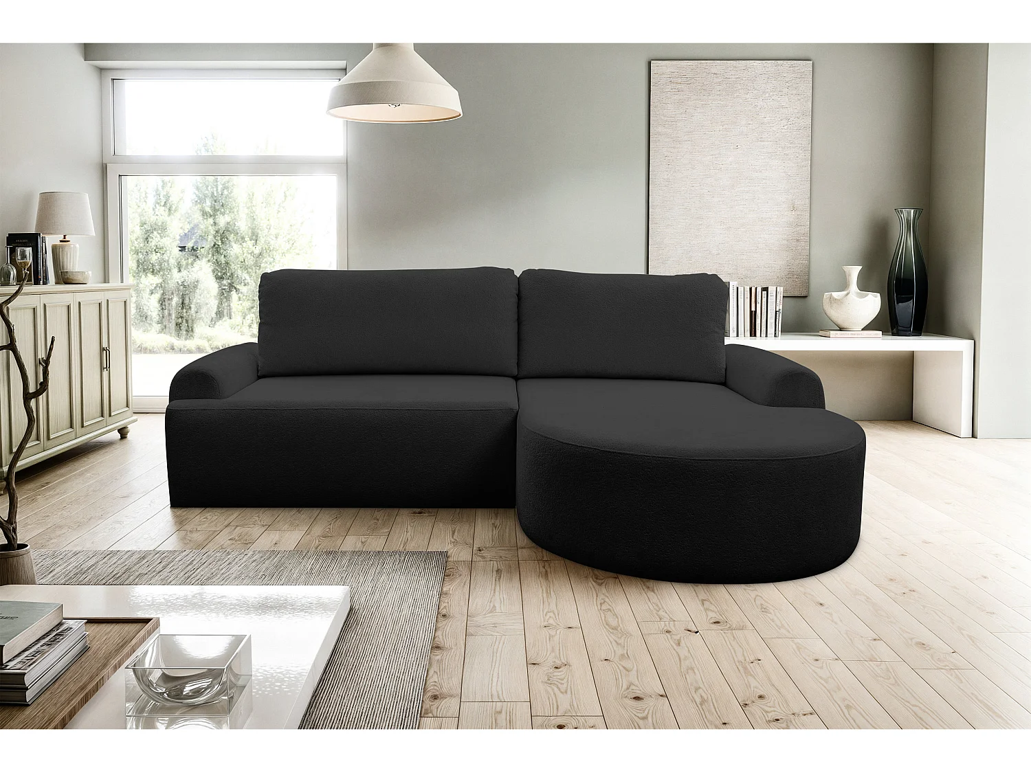 Canapé d'angle Dream avec fonction couchage et coffre de rangement, couleur : noir, tissu bouclé, pouf à droite