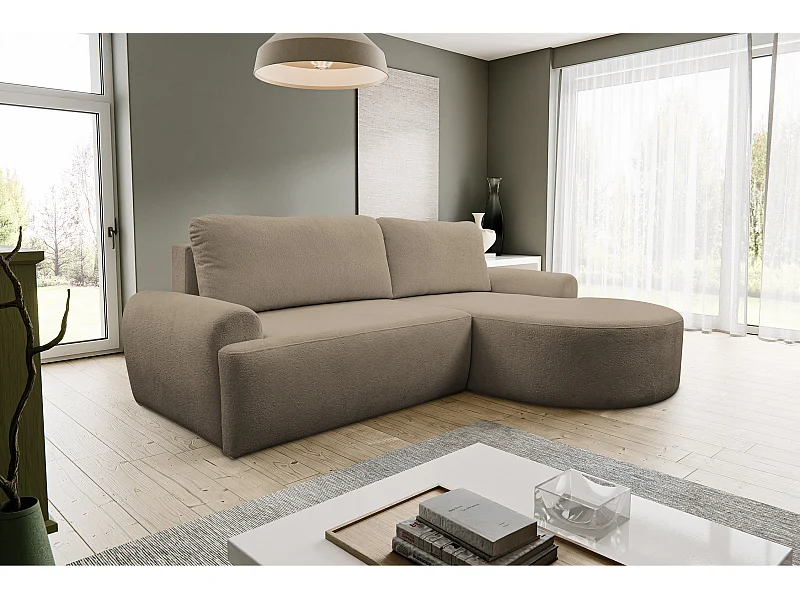 Canapé d'angle Dream avec fonction couchage et coffre de rangement, couleur : marron, tissu bouclé, pouf à droite