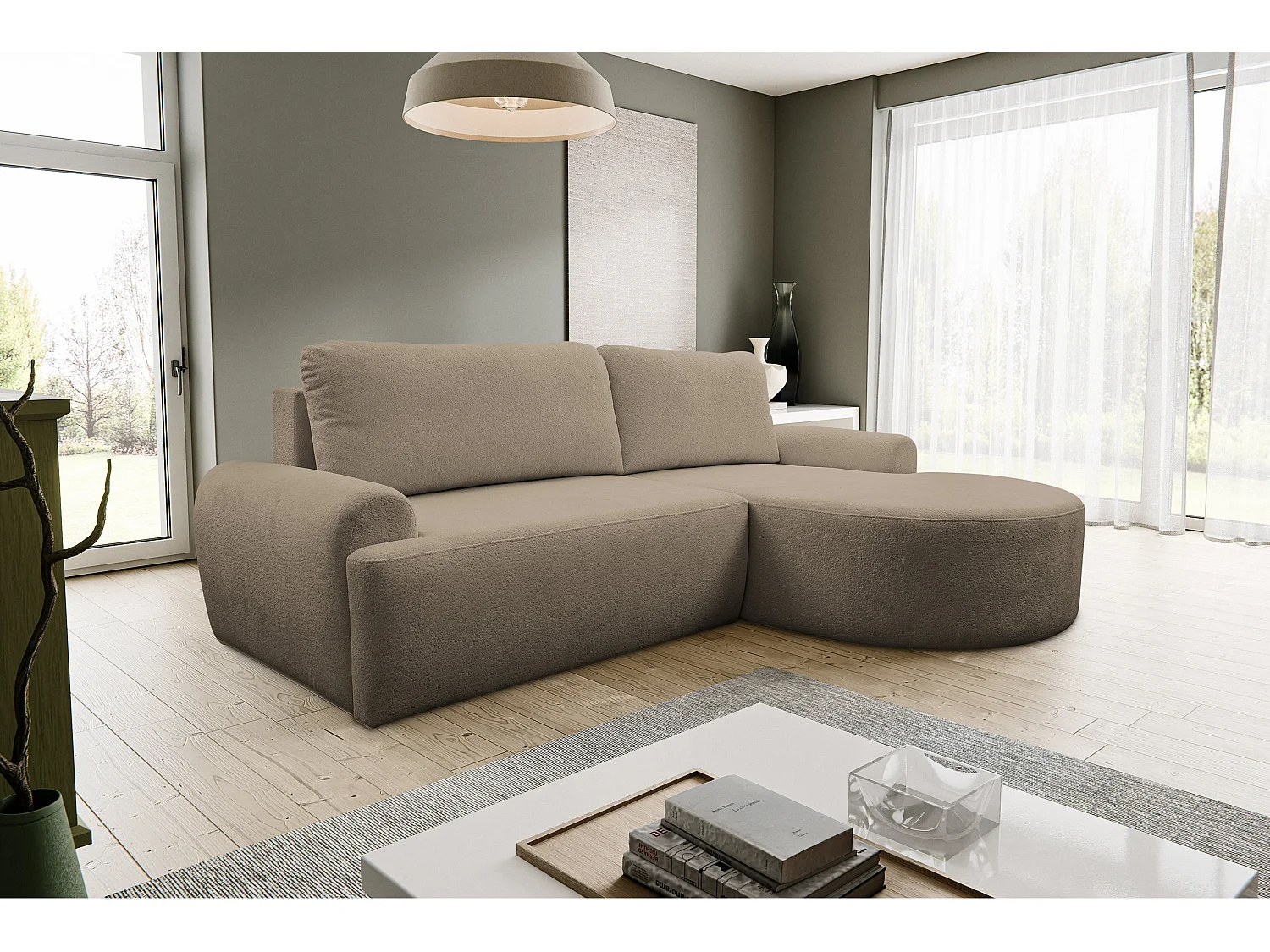 Canapé d'angle Dream avec fonction couchage et coffre de rangement, couleur : marron, tissu bouclé, pouf à droite