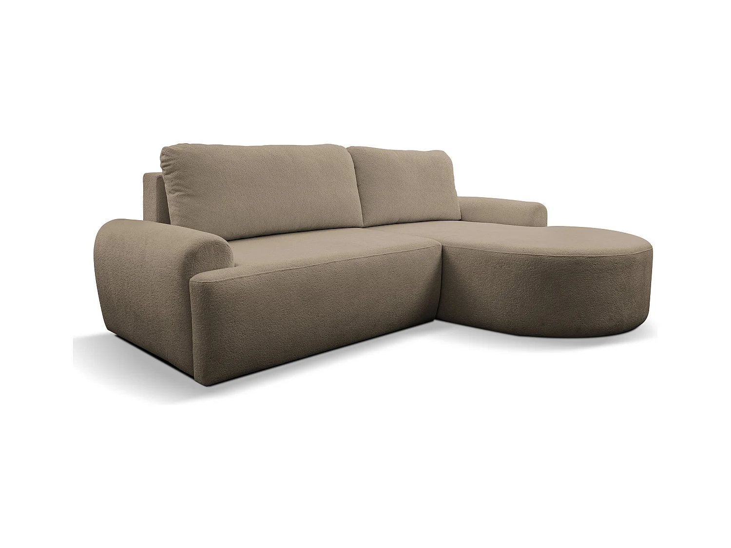 Canapé d'angle Dream avec fonction couchage et coffre de rangement, couleur : marron, tissu bouclé, pouf à droite