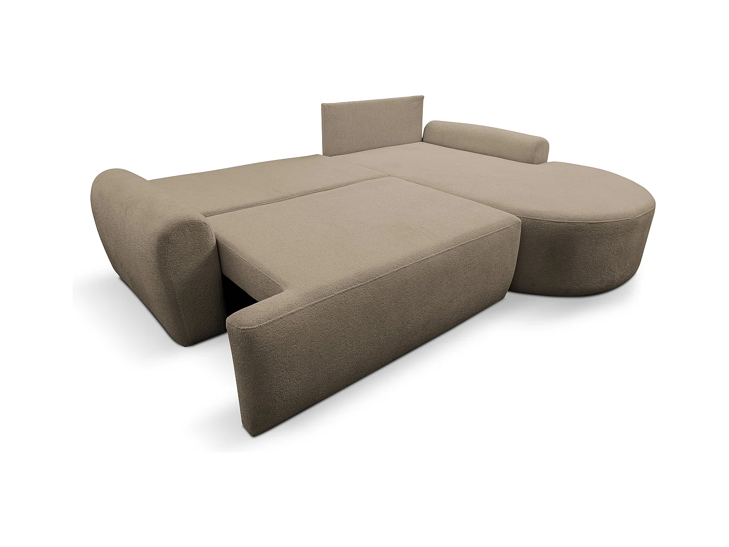 Canapé d'angle Dream avec fonction couchage et coffre de rangement, couleur : marron, tissu bouclé, pouf à droite