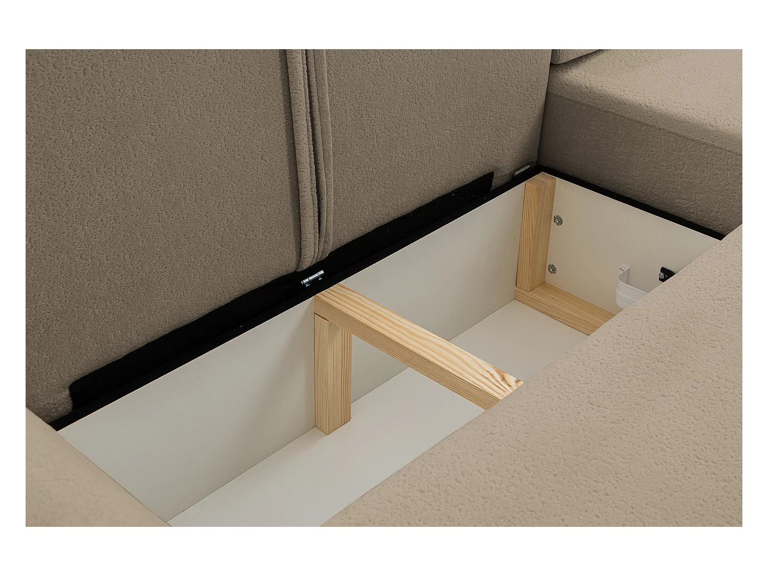 Canapé d'angle Dream avec fonction couchage et coffre de rangement, couleur : marron, tissu bouclé, pouf à droite