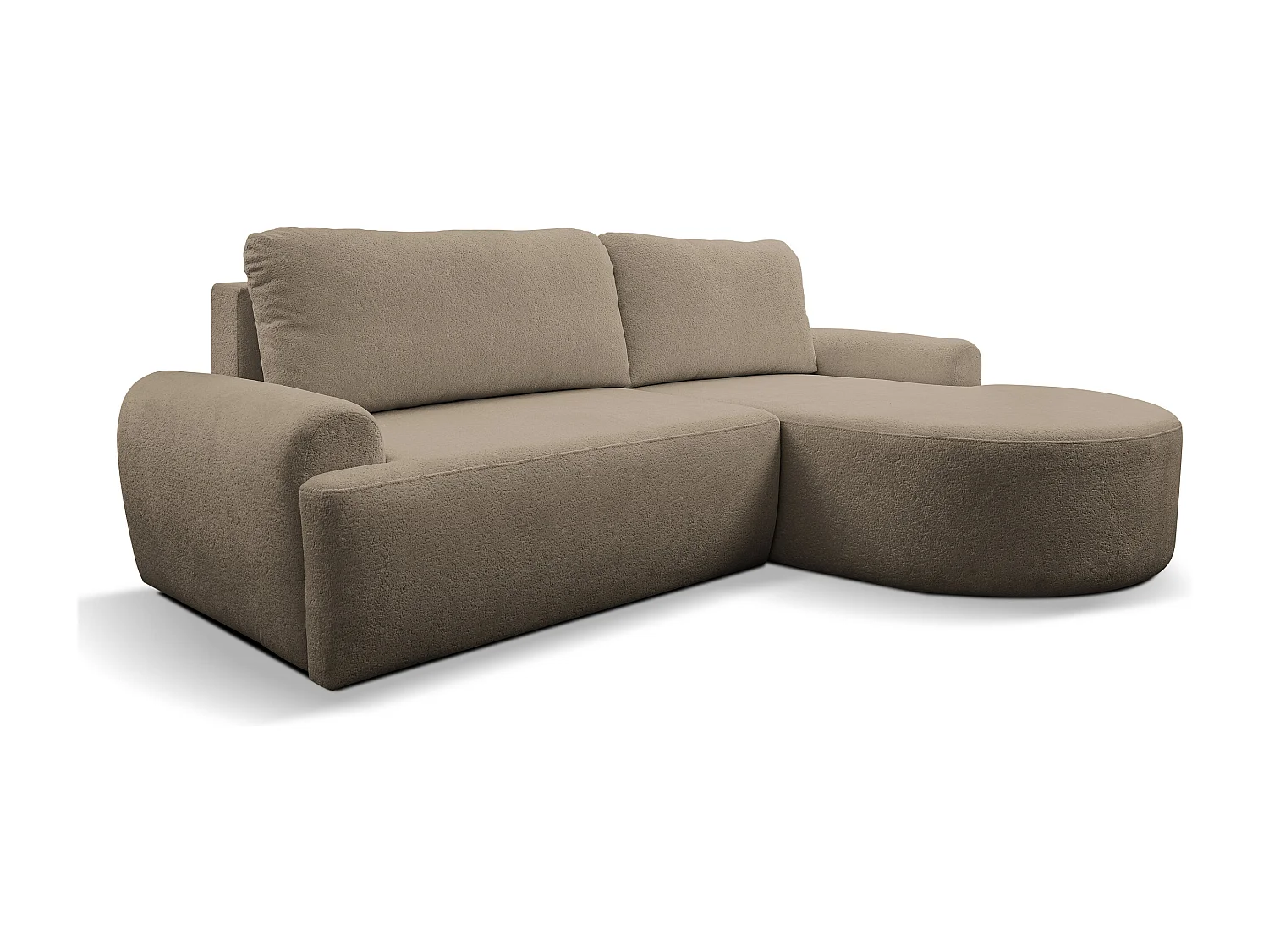 Canapé d'angle Dream avec fonction couchage et coffre de rangement, couleur : marron, tissu bouclé, pouf à droite