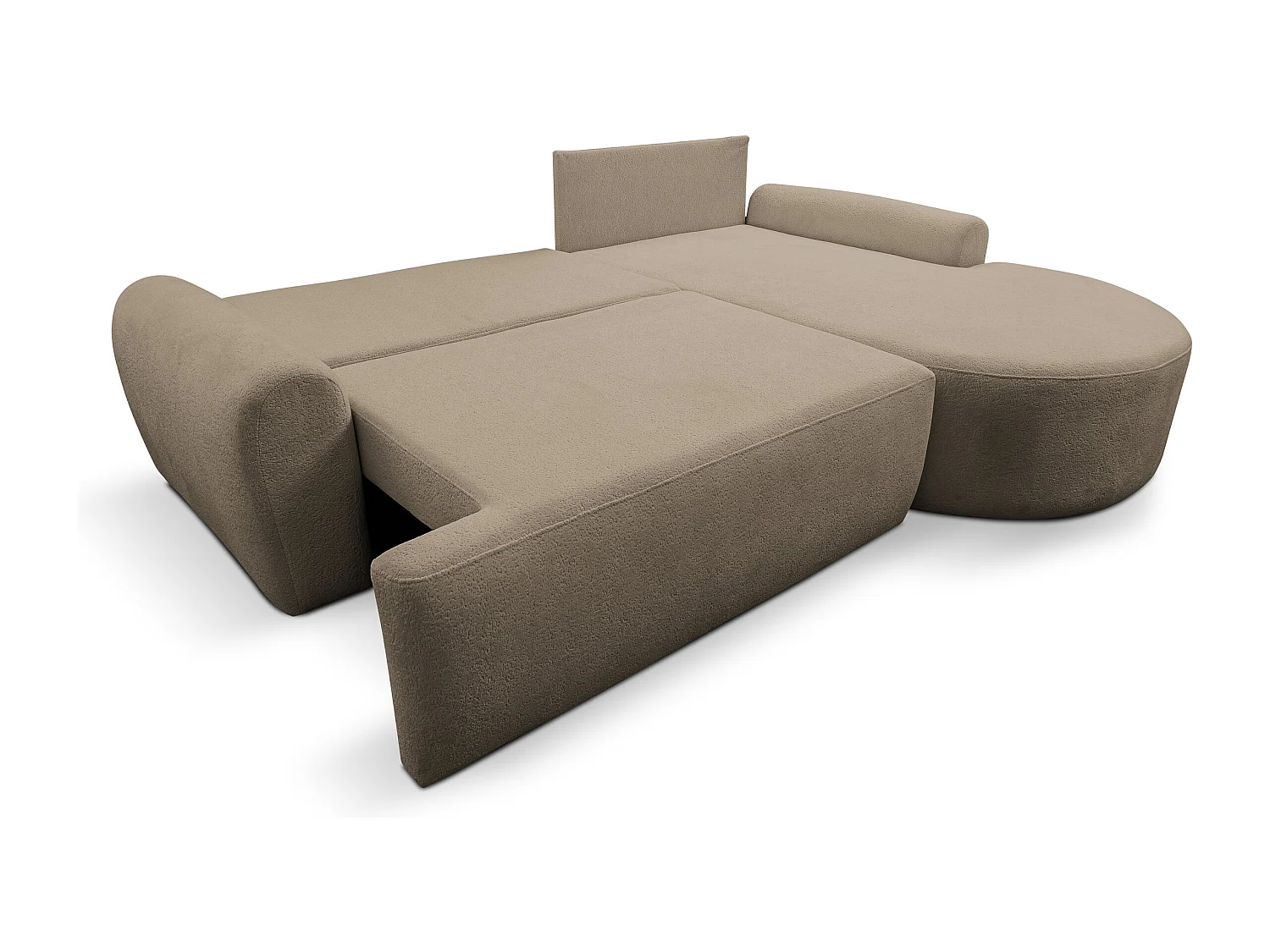 Canapé d'angle Dream avec fonction couchage et coffre de rangement, couleur : marron, tissu bouclé, pouf à droite