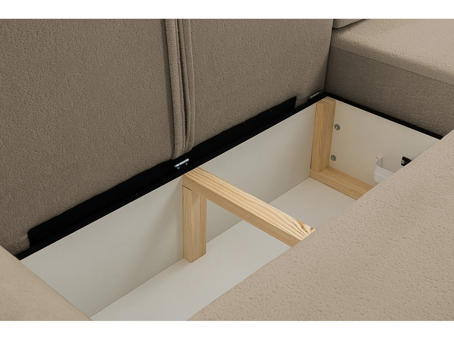 Canapé d'angle Dream avec fonction couchage et coffre de rangement, couleur : marron, tissu bouclé, pouf à droite