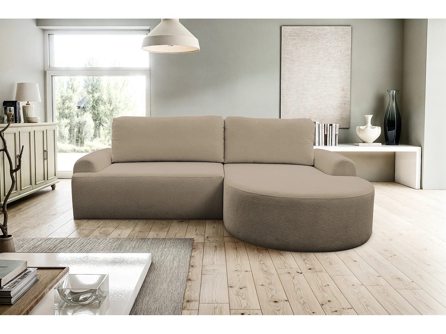 Canapé d'angle Dream avec fonction couchage et coffre de rangement, couleur : marron, tissu bouclé, pouf à droite